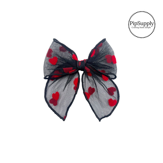 Red velvet hearts on black tulle fillable shaker hair bow