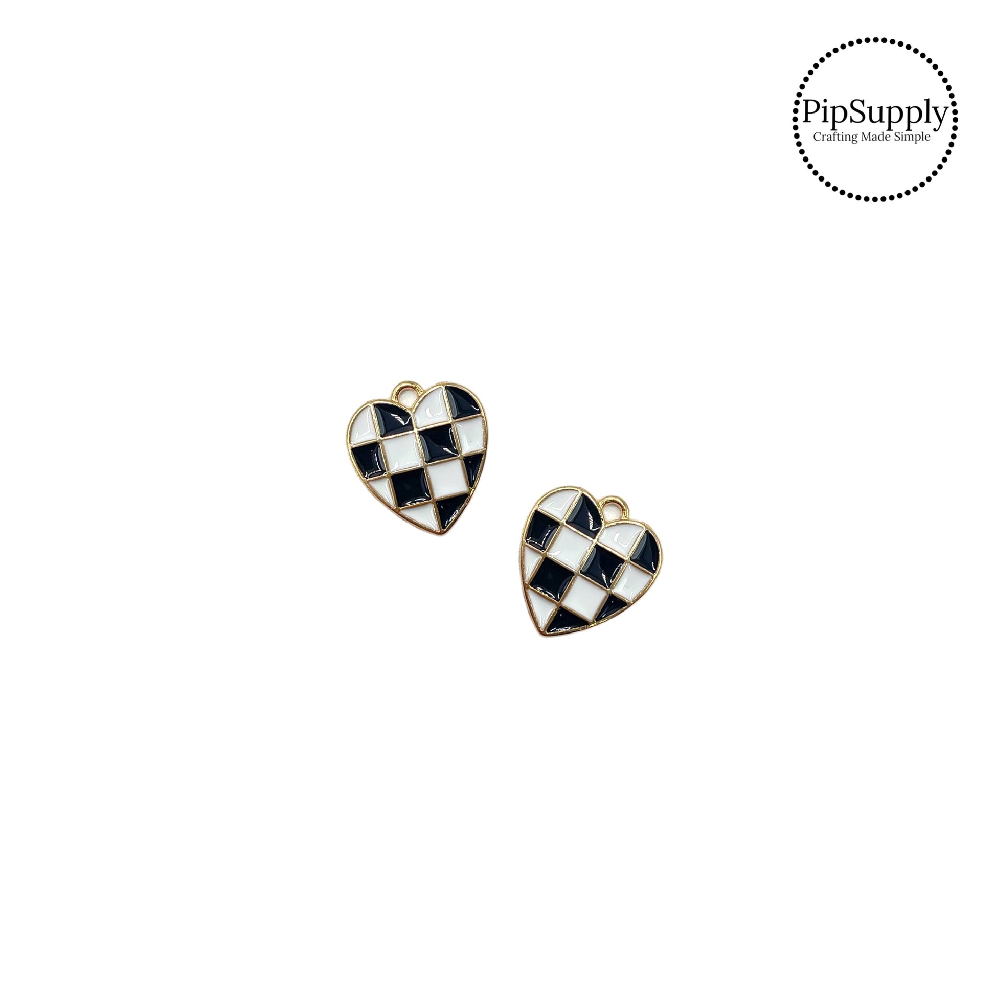 Black and white checker with gold outline heart charm embellishment