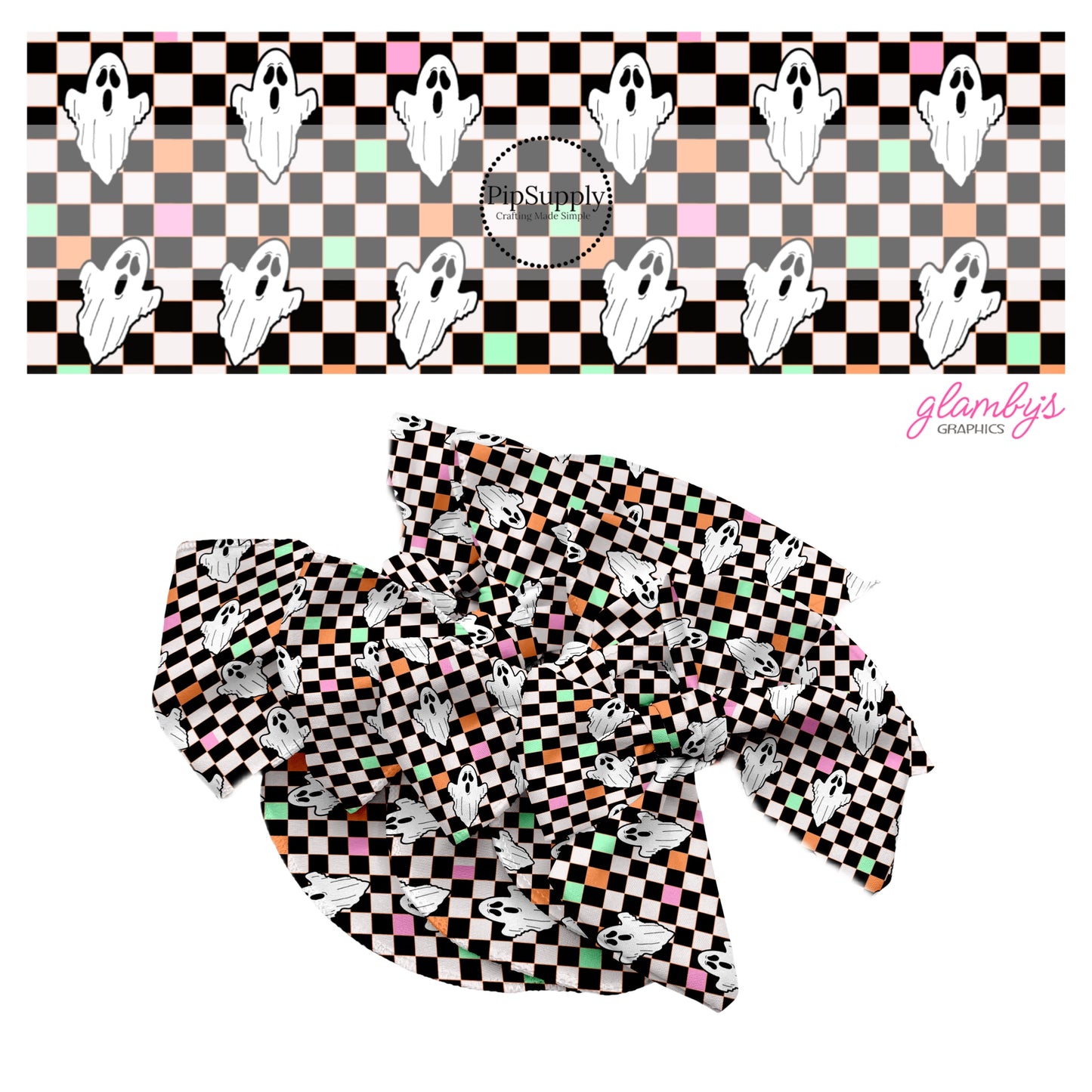 White ghosts on black and white checker with multi tiles hair bow strips