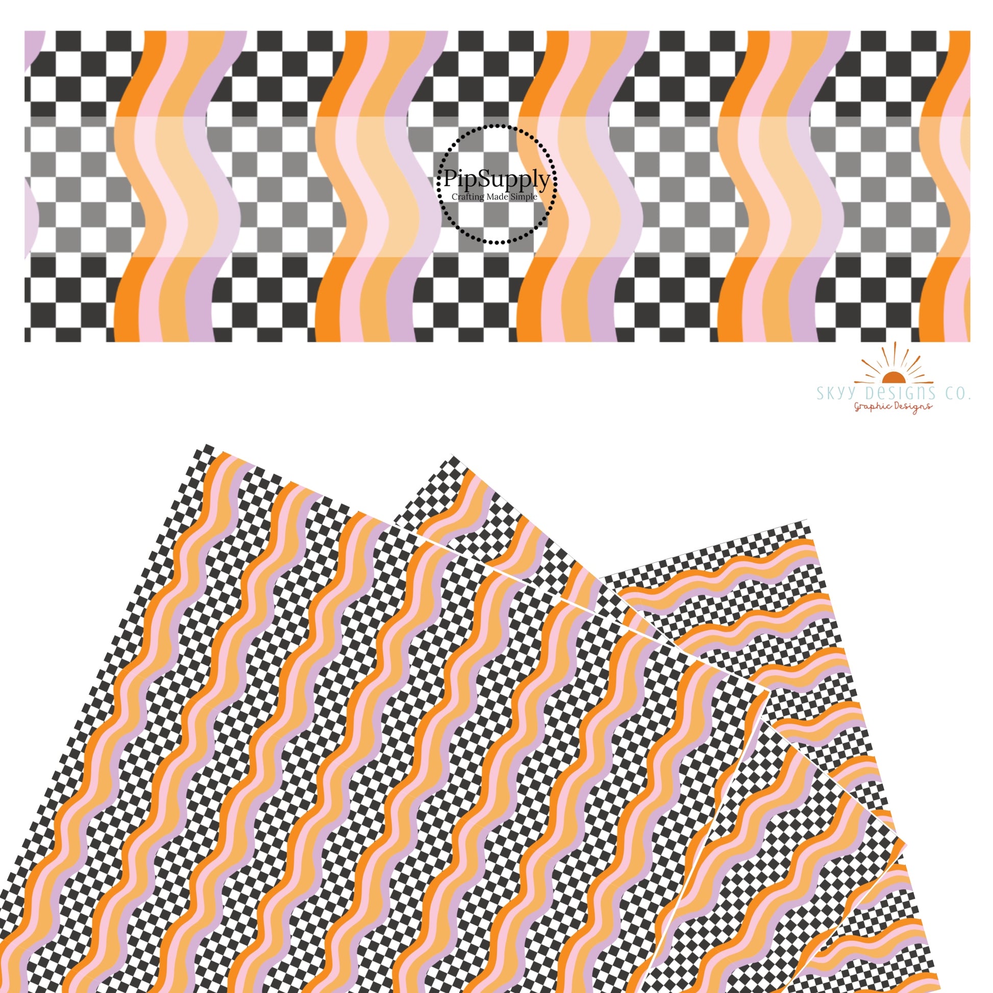 Black and white checker with purple and orange waves faux leather sheets