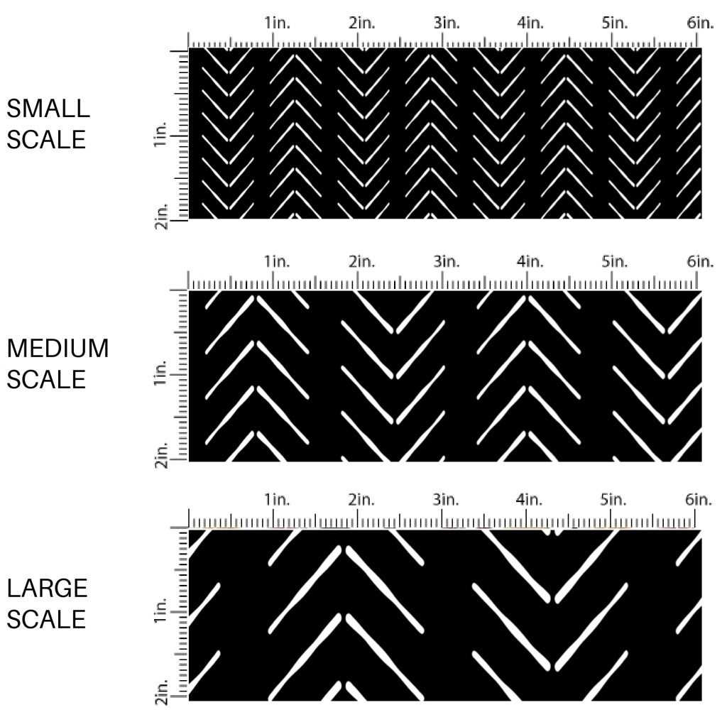 This scale chart of small scale, medium scale, and large scale of these Halloween themed pattern fabric by the yard features the following design elements: white chevron pattern on black. This fun spooky themed fabric can be used for all your sewing and crafting needs!