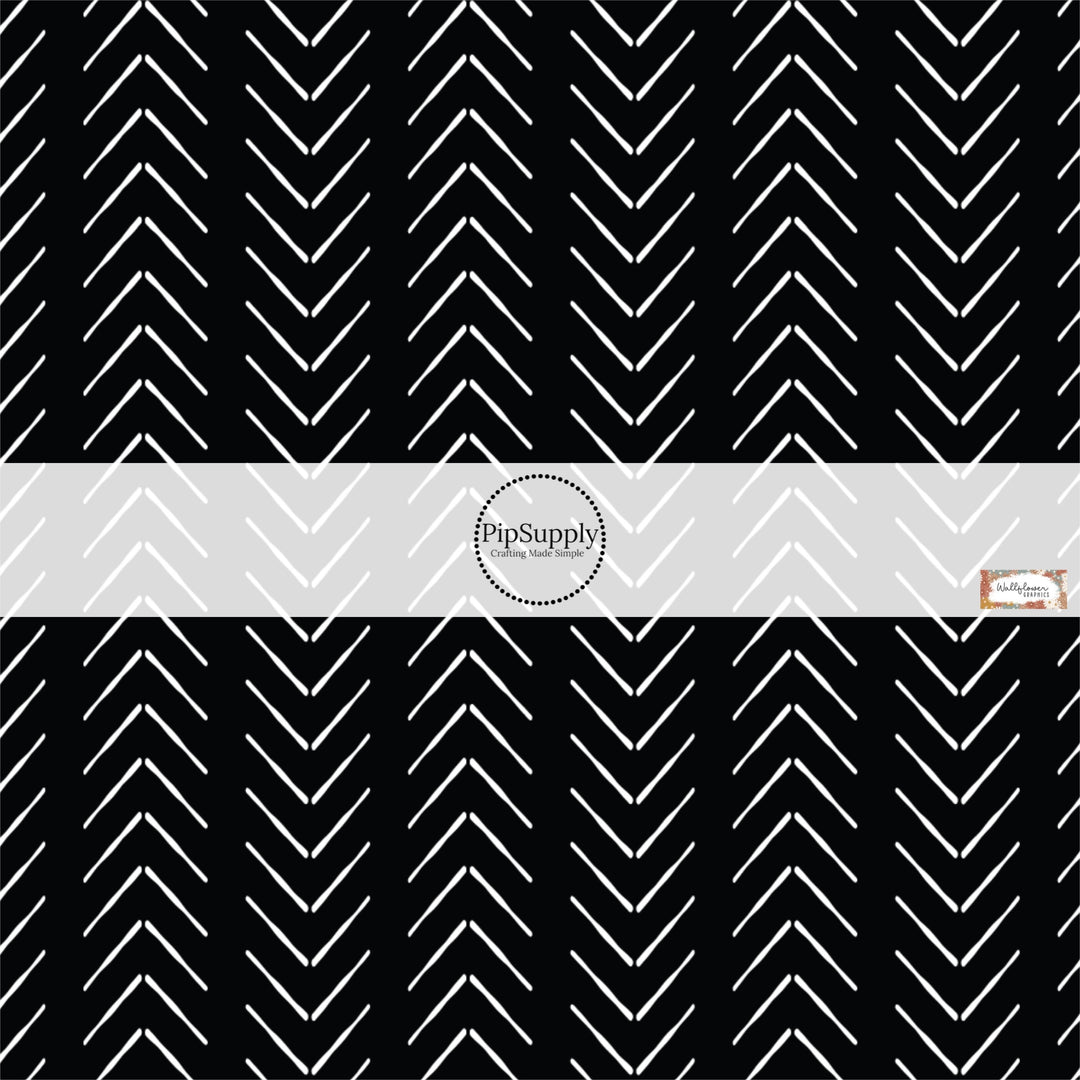 These Halloween themed pattern fabric by the yard features the following design elements: white chevron pattern on black. This fun spooky themed fabric can be used for all your sewing and crafting needs!