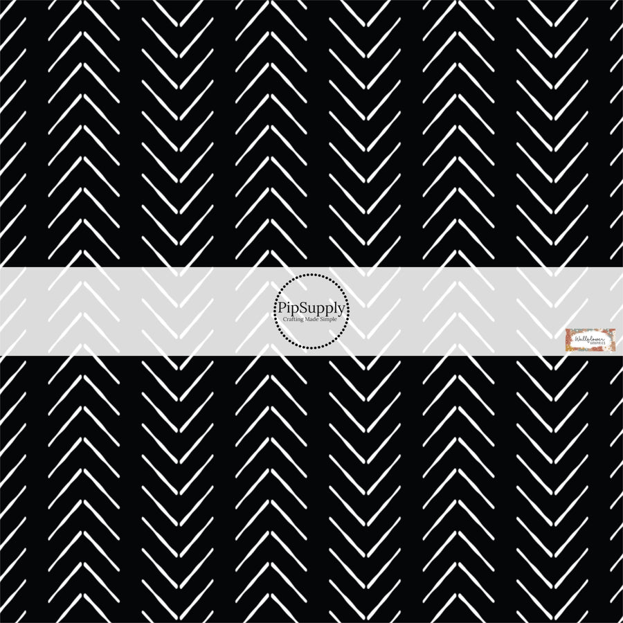 These Halloween themed pattern fabric by the yard features the following design elements: white chevron pattern on black. This fun spooky themed fabric can be used for all your sewing and crafting needs!