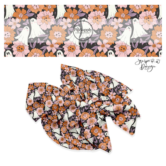 White ghost with pink and orange flowers on black hair bow strips