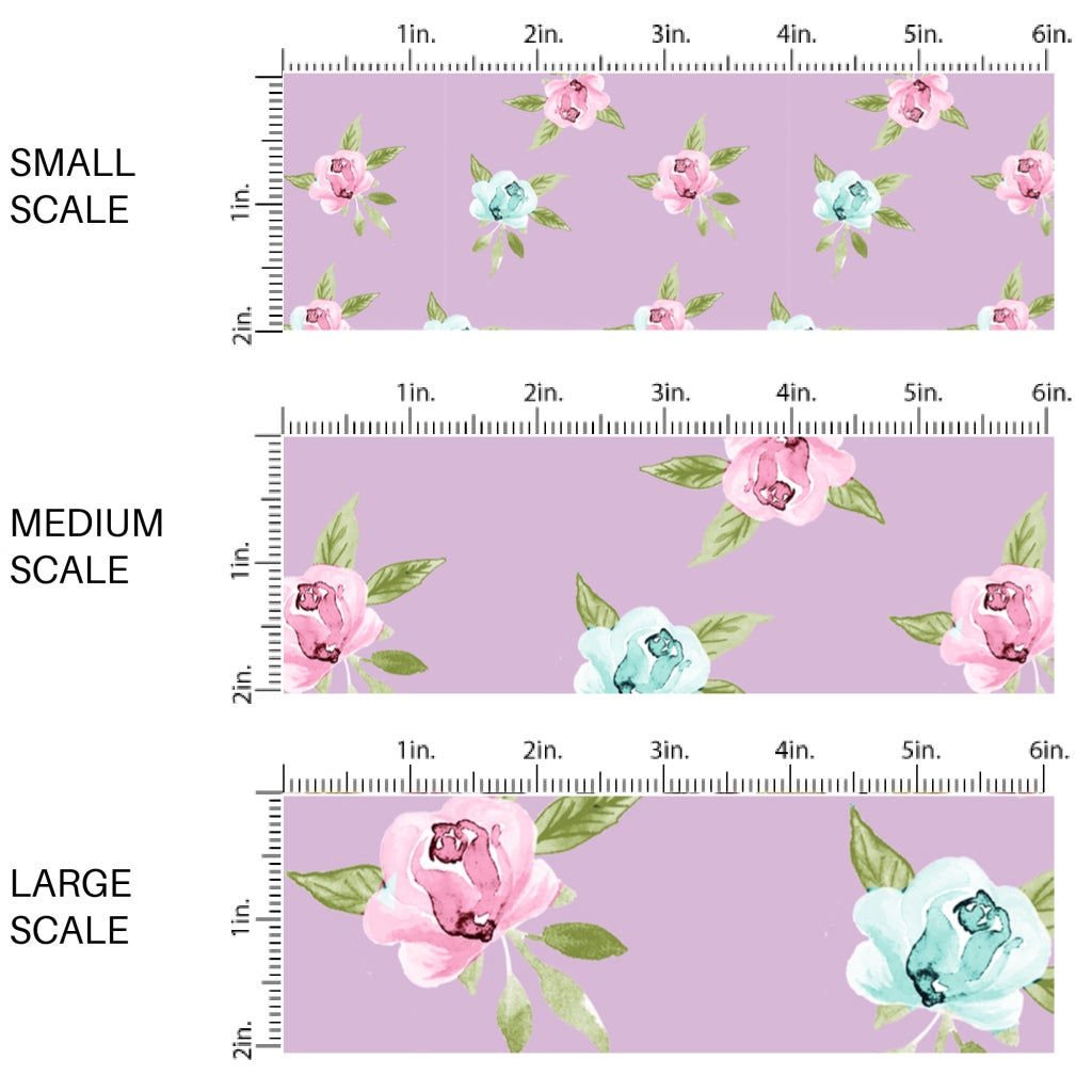 This scale chart of small scale, medium scale, and large scale of this summer fabric by the yard features pink and blue roses on purple. This fun summer themed fabric can be used for all your sewing and crafting needs!