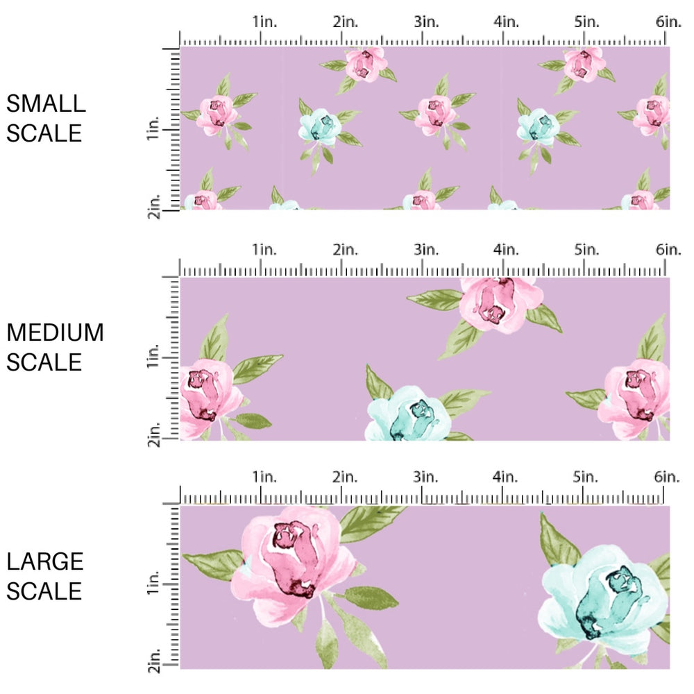 This scale chart of small scale, medium scale, and large scale of this summer fabric by the yard features pink and blue roses on purple. This fun summer themed fabric can be used for all your sewing and crafting needs!