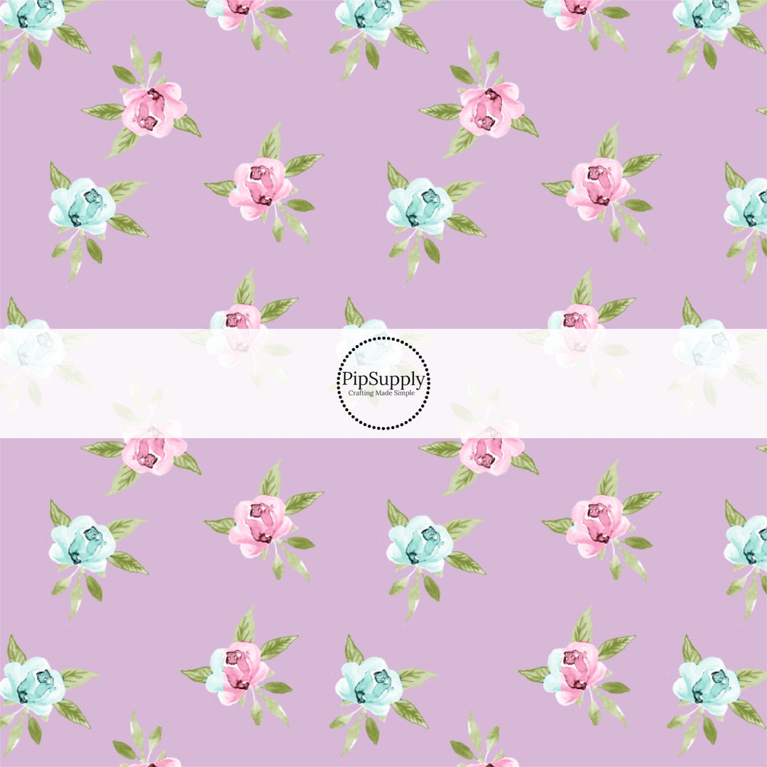 This summer fabric by the yard features pink and blue roses on purple. This fun summer themed fabric can be used for all your sewing and crafting needs!