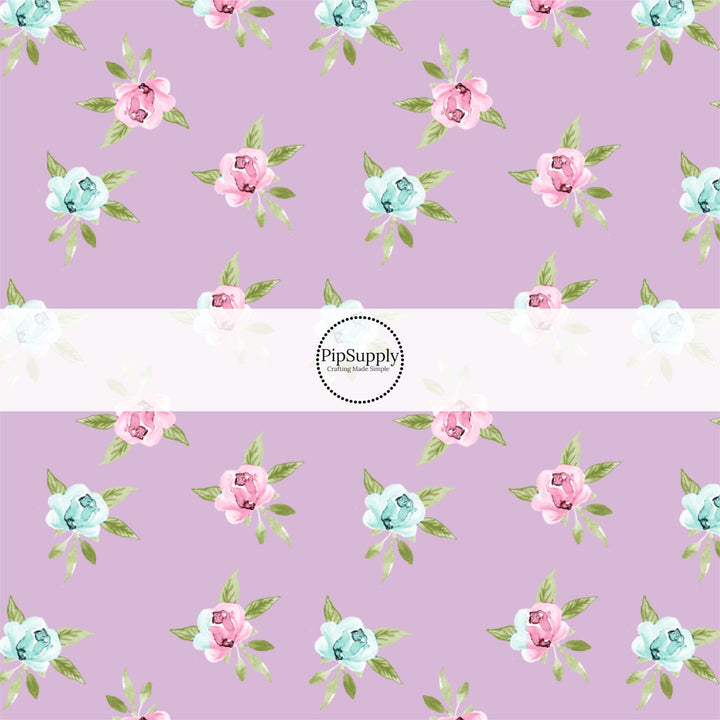 This summer fabric by the yard features pink and blue roses on purple. This fun summer themed fabric can be used for all your sewing and crafting needs!