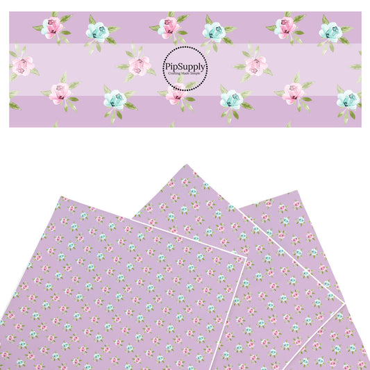 These summer faux leather sheets contain the following design elements: pink and blue roses on purple. Our CPSIA compliant faux leather sheets or rolls can be used for all types of crafting projects.