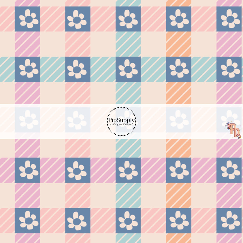 These spring checker pattern themed no sew bow strips can be easily tied and attached to a clip for a finished hair bow. These patterned bow strips are great for personal use or to sell. These bow strips feature small flowers on pink, orange, and blue checkers.