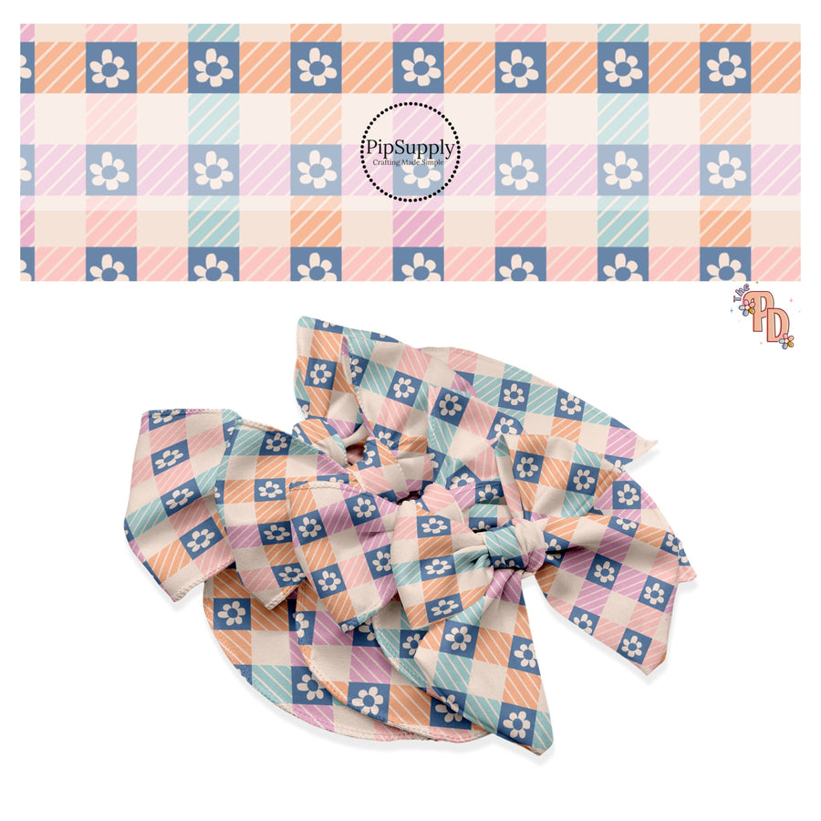 These spring checker pattern themed no sew bow strips can be easily tied and attached to a clip for a finished hair bow. These patterned bow strips are great for personal use or to sell. These bow strips feature small flowers on pink, orange, and blue checkers.