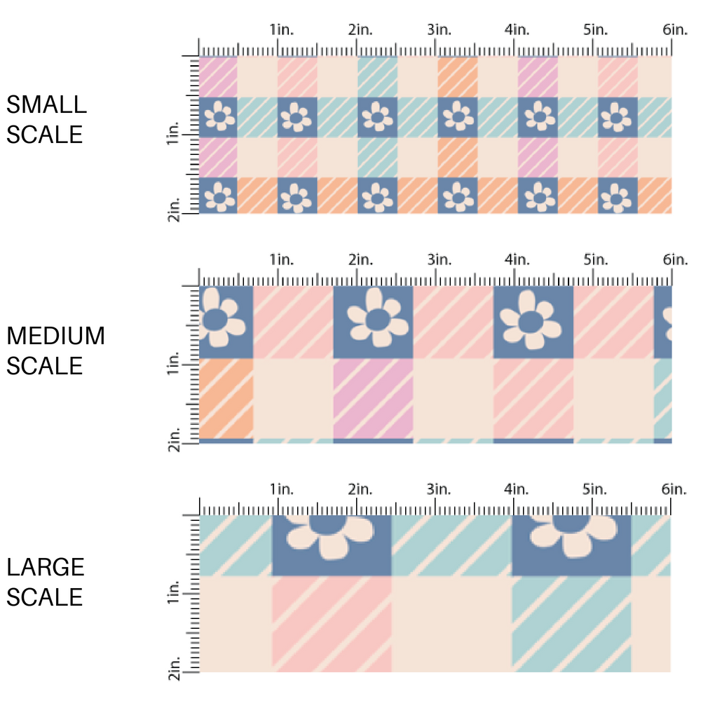 Peach and Blue Daisy Checkered Fabric by the Yard scaled image guide.