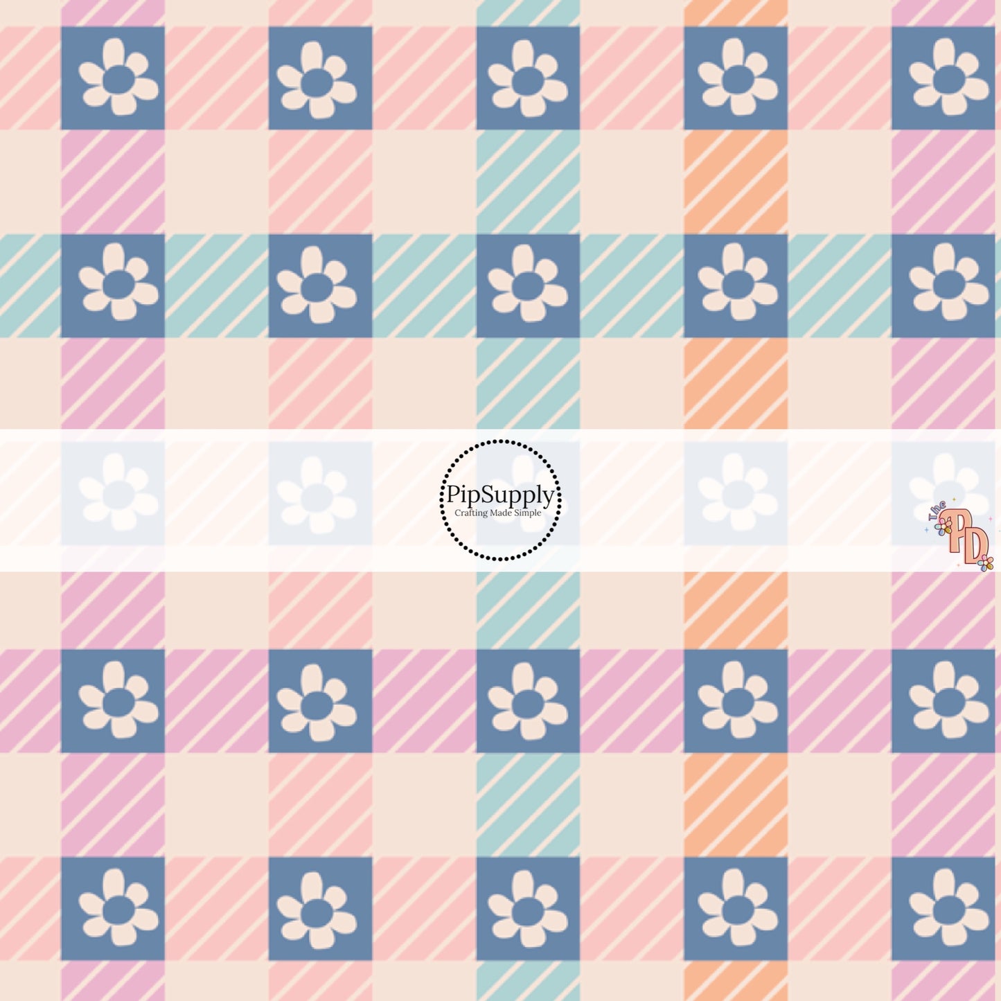 Peach and Blue Daisy Checkered Fabric by the Yard.