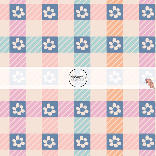 Peach and Blue Daisy Checkered Fabric by the Yard.