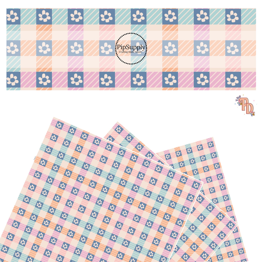 These spring checker pattern themed faux leather sheets contain the following design elements: small flowers on pink, orange, and blue checkers. Our CPSIA compliant faux leather sheets or rolls can be used for all types of crafting projects.