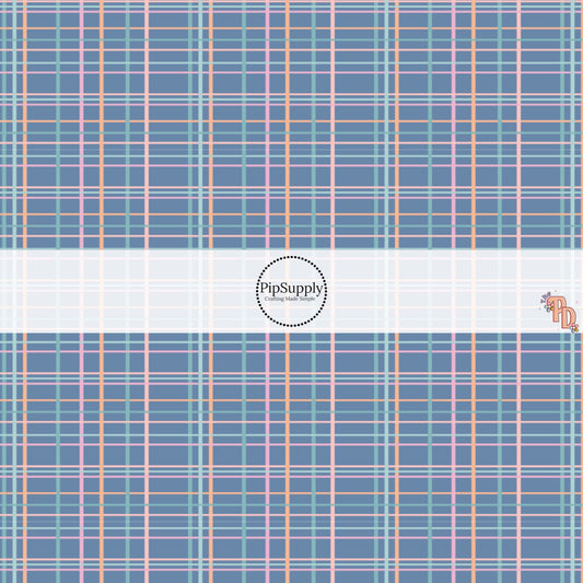 Peach and Light Blue Plaid on Blue Fabric by the Yard.