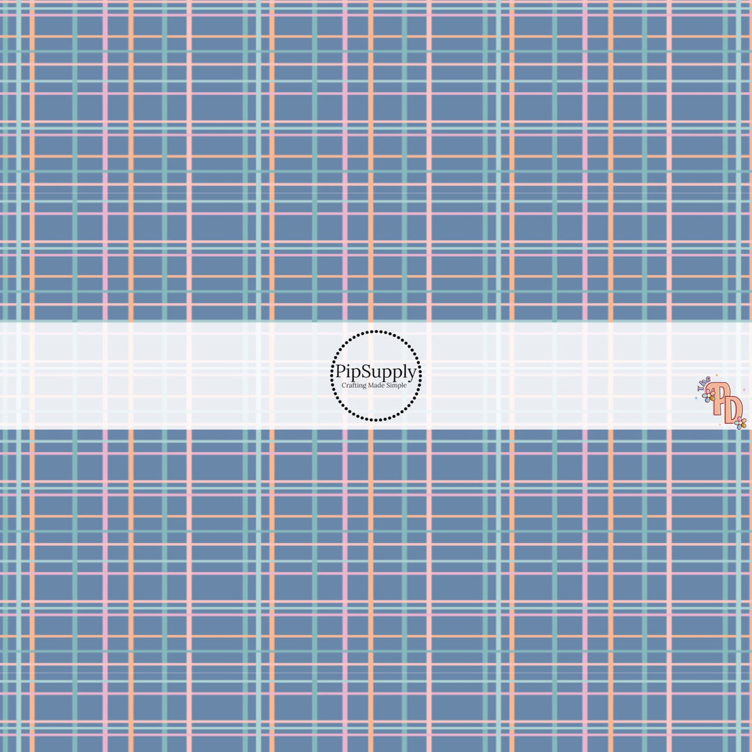 Peach and Light Blue Plaid on Blue Fabric by the Yard.