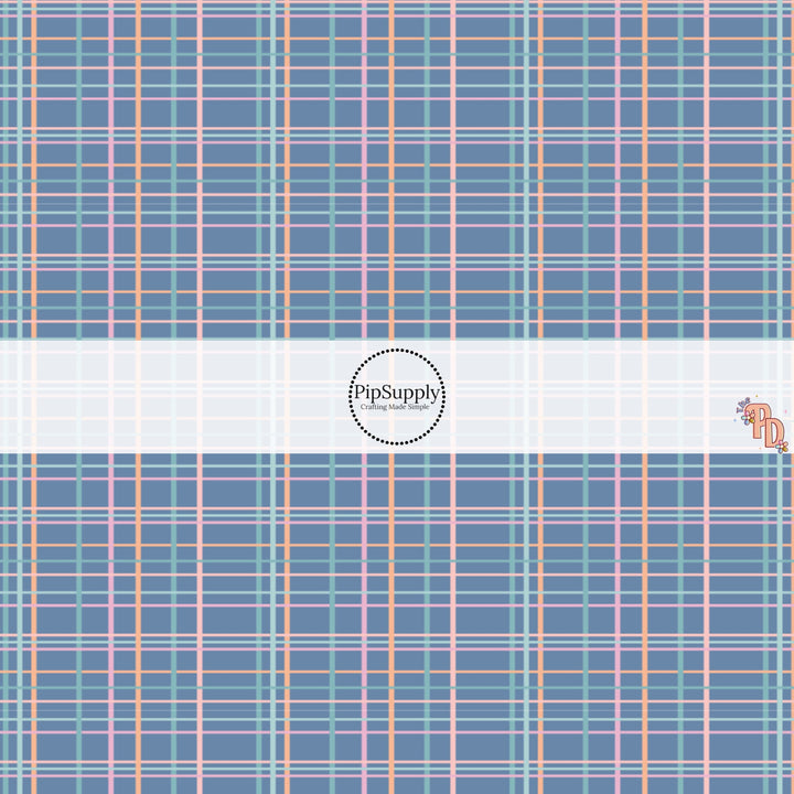 Peach and Light Blue Plaid on Blue Fabric by the Yard.