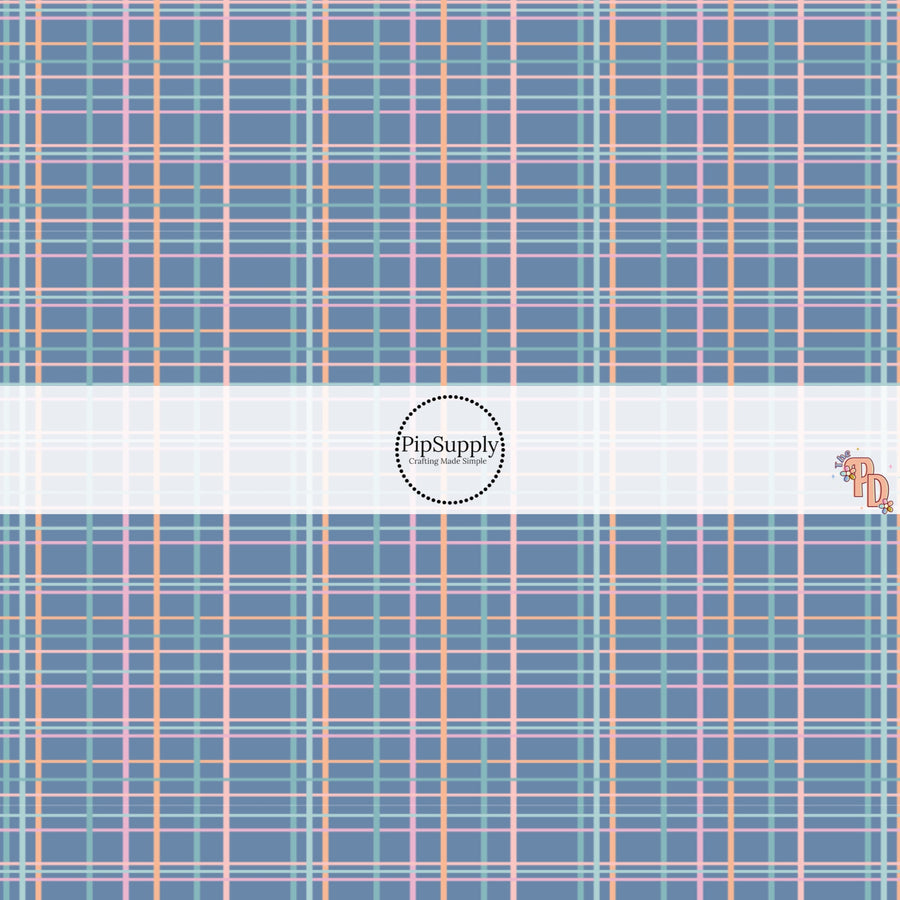 Peach and Light Blue Plaid on Blue Fabric by the Yard.