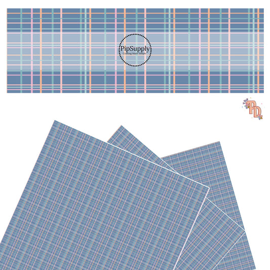 These spring plaid pattern themed faux leather sheets contain the following design elements: pink, orange, and light blue grid pattern on dark blue. Our CPSIA compliant faux leather sheets or rolls can be used for all types of crafting projects.