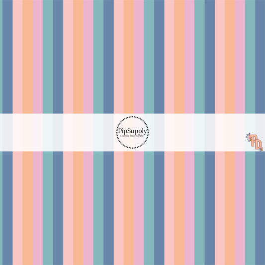 Peach and Light Blue Striped on Blue Fabric by the Yard.