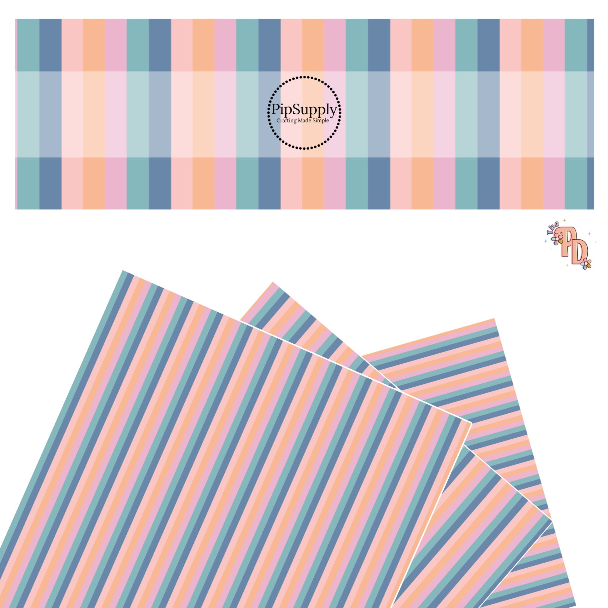 These spring pattern themed faux leather sheets contain the following design elements: pink, orange, and blue stripes. Our CPSIA compliant faux leather sheets or rolls can be used for all types of crafting projects.