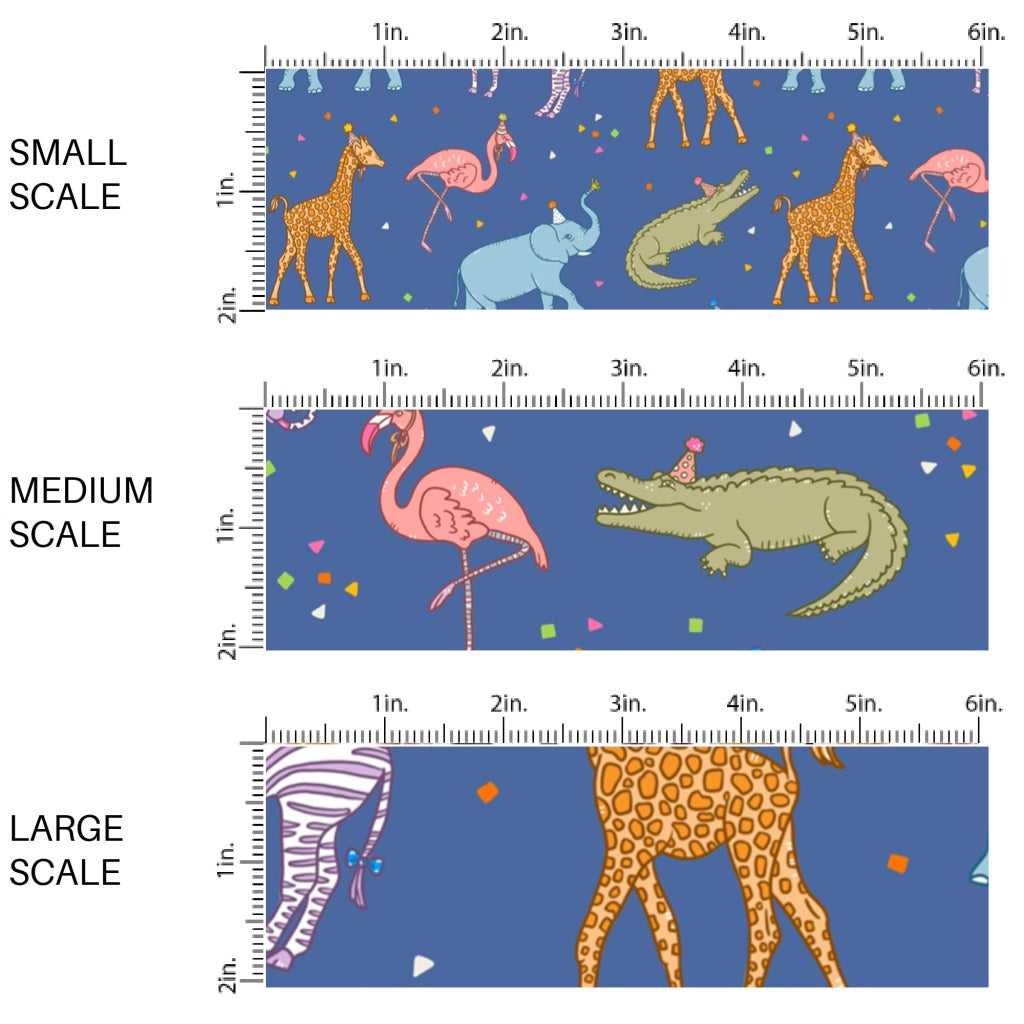 This scale chart of small scale, medium scale, and large scale of this celebration fabric by the yard features colorful animals with party hats on blue. This fun themed fabric can be used for all your sewing and crafting needs!