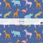 This celebration fabric by the yard features colorful animals with party hats on blue. This fun themed fabric can be used for all your sewing and crafting needs!