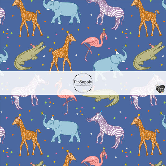 This celebration fabric by the yard features colorful animals with party hats on blue. This fun themed fabric can be used for all your sewing and crafting needs!