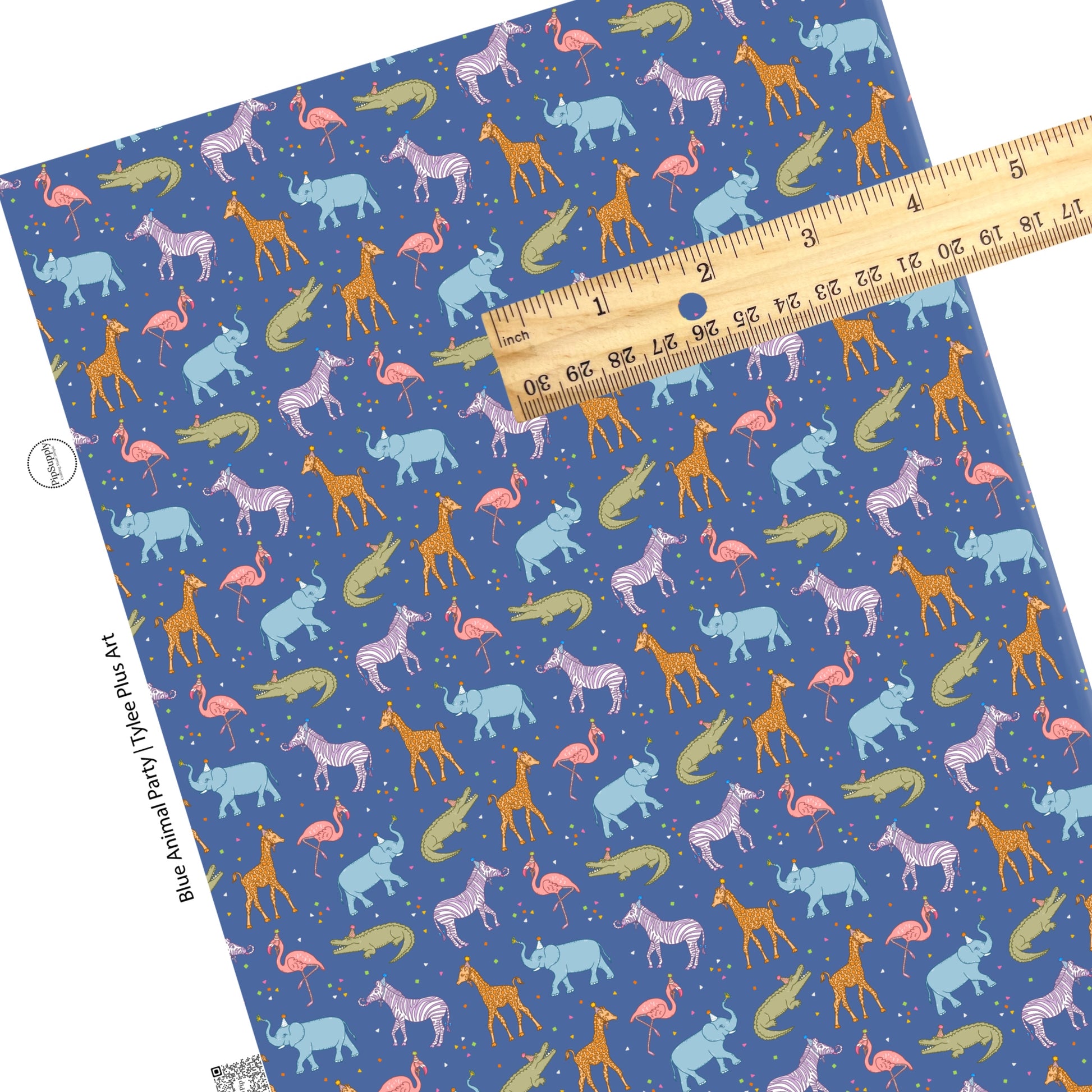 These celebration faux leather sheets contain the following design elements: colorful animals with party hats on blue. Our CPSIA compliant faux leather sheets or rolls can be used for all types of crafting projects.