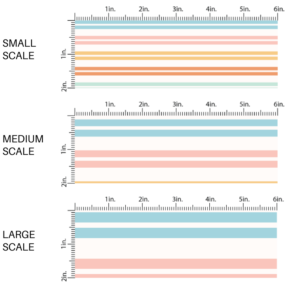 This scale chart of small scale, medium scale, and large scale of these multi colored striped themed fabric by the yard features light pink, brown, mint, blue, and orange stripes. This fun party themed fabric can be used for all your sewing and crafting needs! 