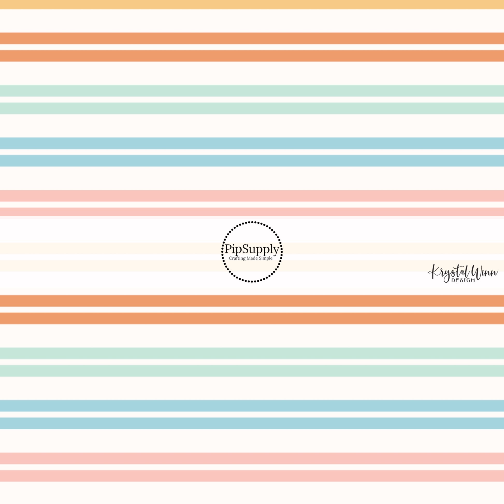 These multi colored striped themed fabric by the yard features light pink, brown, mint, blue, and orange stripes. This fun party themed fabric can be used for all your sewing and crafting needs! 