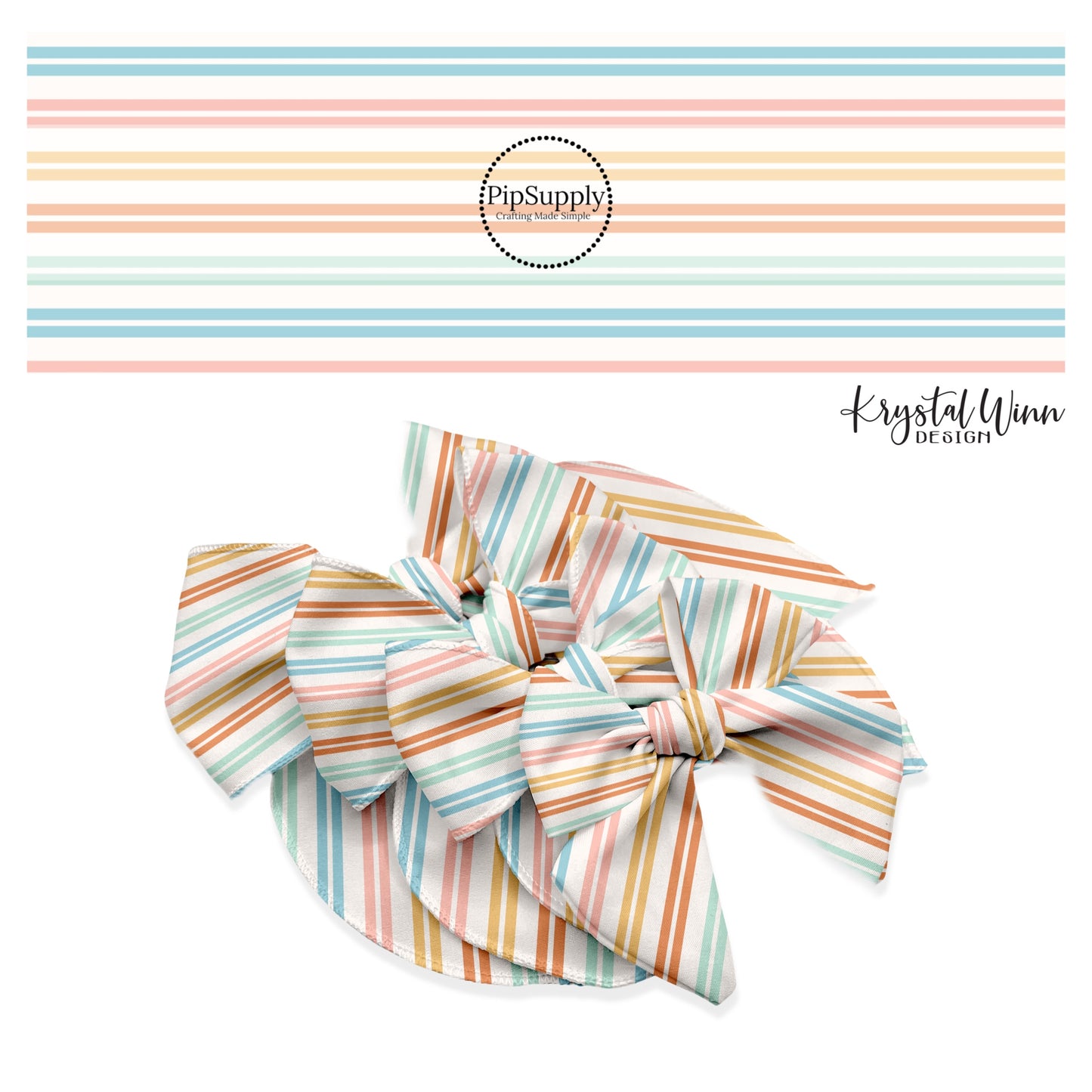 These multi colored striped themed no sew bow strips can be easily tied and attached to a clip for a finished hair bow. These fun party themed bow strips are great for personal use or to sell. The bow strips features light pink, brown, mint, blue, and orange stripes.