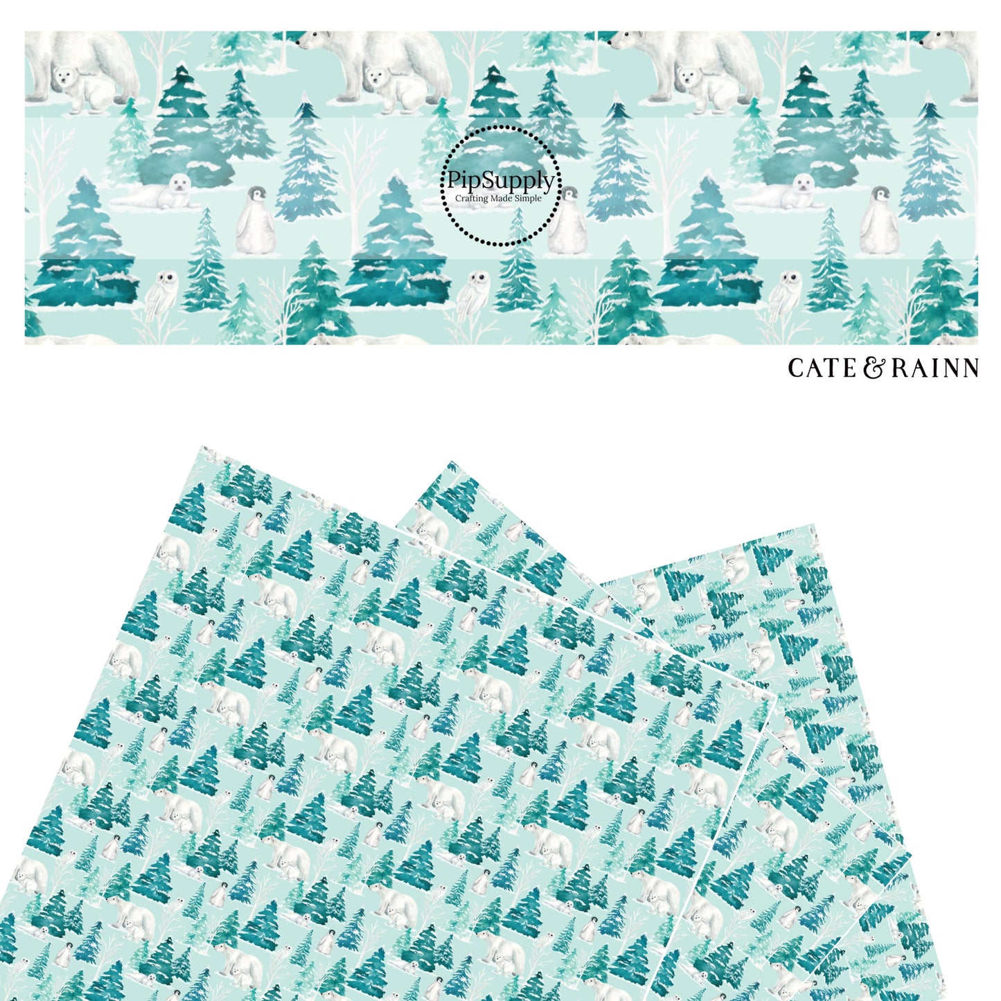 Blue penguins, bears, and owls on snowy trees faux leather sheets
