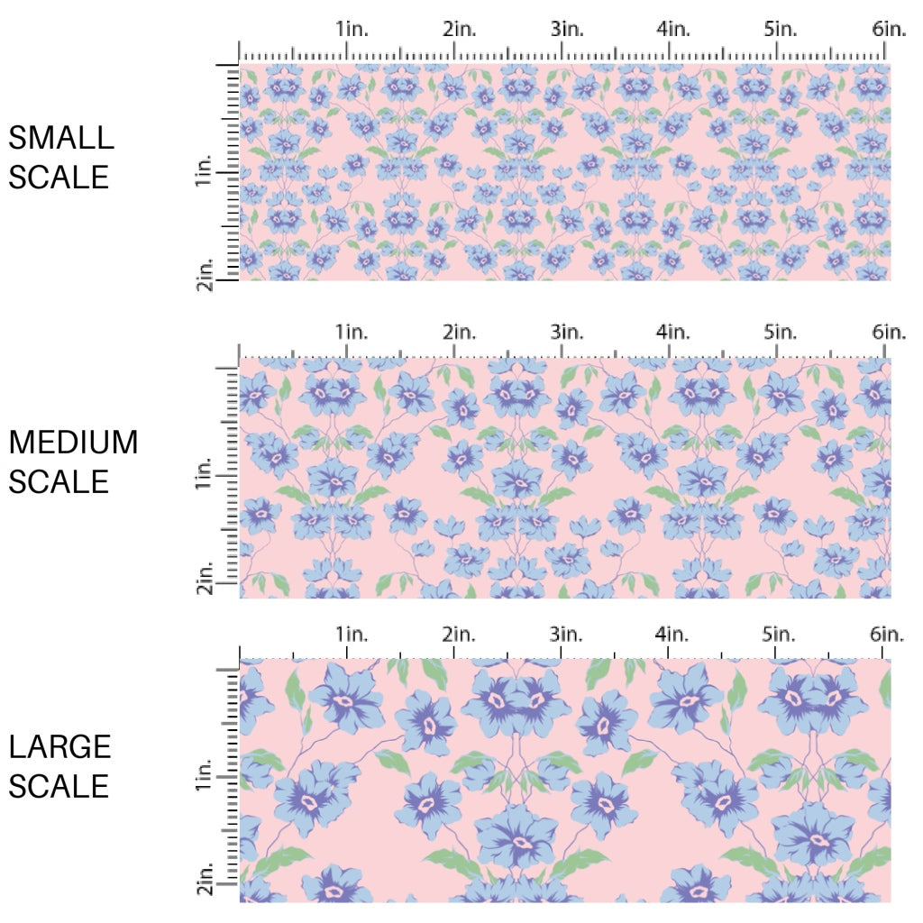 This spring floral themed fabric by the yard features blue flowers on pink. This fun pattern fabric can be used for all your sewing and crafting needs!