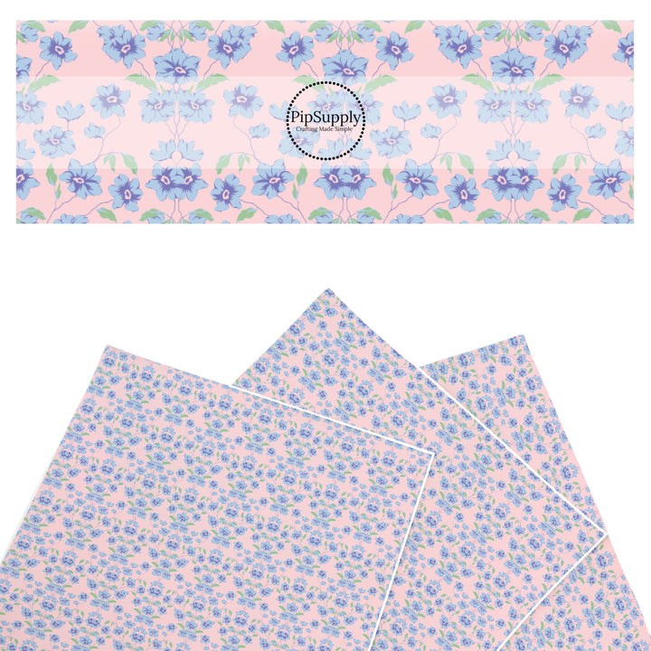 These spring floral themed faux leather sheets contain the following design elements: blue flowers on pink. Our CPSIA compliant faux leather sheets or rolls can be used for all types of crafting projects.