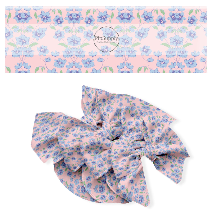 These spring floral no sew bow strips can be easily tied and attached to a clip for a finished hair bow. These fun bow strips are great for personal use or to sell. These bow strips feature the following design elements: blue flowers on pink.