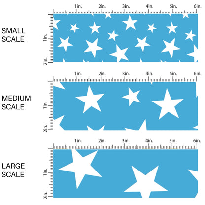 This scale chart of small scale, medium scale, and large scale of this 4th of July fabric by the yard features patriotic white stars on blue. This fun patriotic themed fabric can be used for all your sewing and crafting needs!