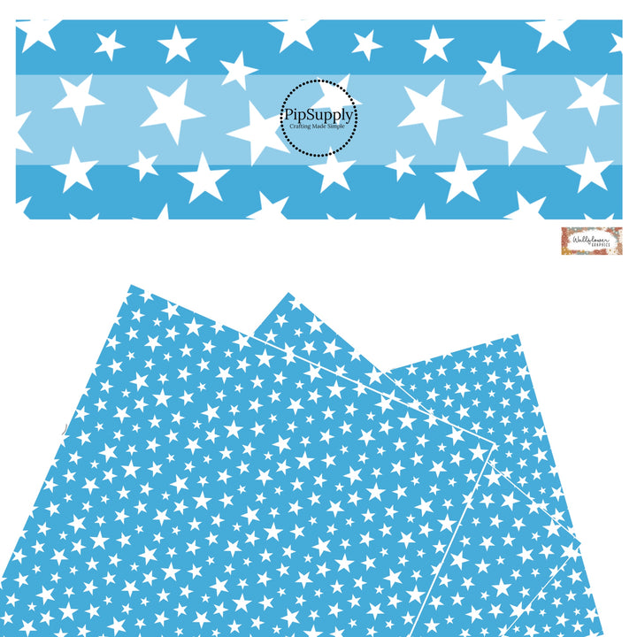 These 4th of July faux leather sheets contain the following design elements: patriotic white stars on blue. Our CPSIA compliant faux leather sheets or rolls can be used for all types of crafting projects.