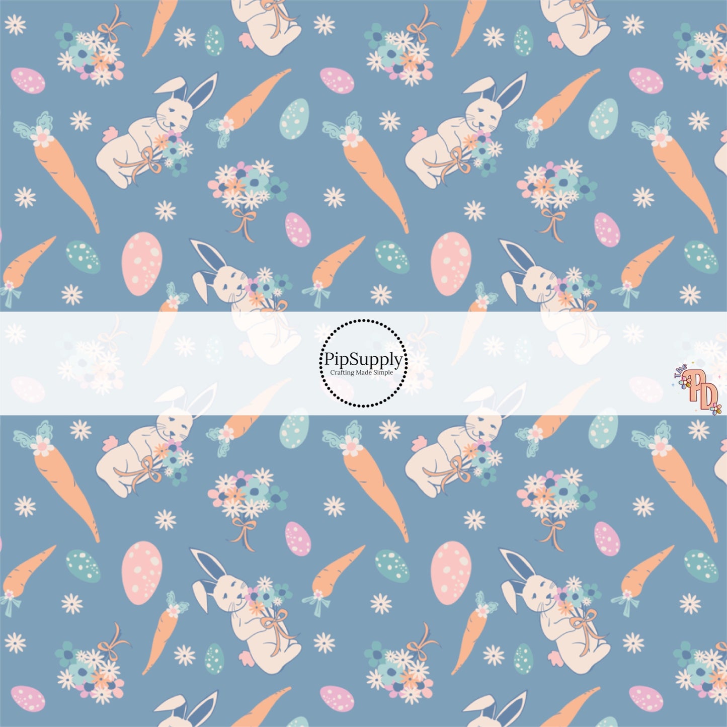 These Easter pattern themed no sew bow strips can be easily tied and attached to a clip for a finished hair bow. These patterned bow strips are great for personal use or to sell. These bow strips feature Easter bunnies, Easter eggs, and carrots on dark blue. 