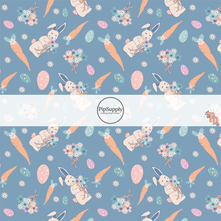 These Easter pattern themed no sew bow strips can be easily tied and attached to a clip for a finished hair bow. These patterned bow strips are great for personal use or to sell. These bow strips feature Easter bunnies, Easter eggs, and carrots on dark blue. 