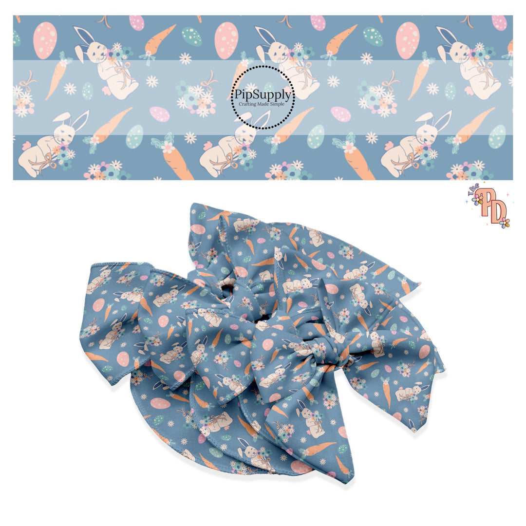 These Easter pattern themed no sew bow strips can be easily tied and attached to a clip for a finished hair bow. These patterned bow strips are great for personal use or to sell. These bow strips feature Easter bunnies, Easter eggs, and carrots on dark blue. 