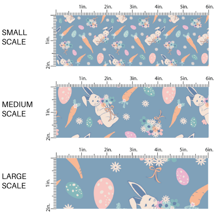 Bunnies and Carrots on Blue Fabric by the Yard scaled image guide.