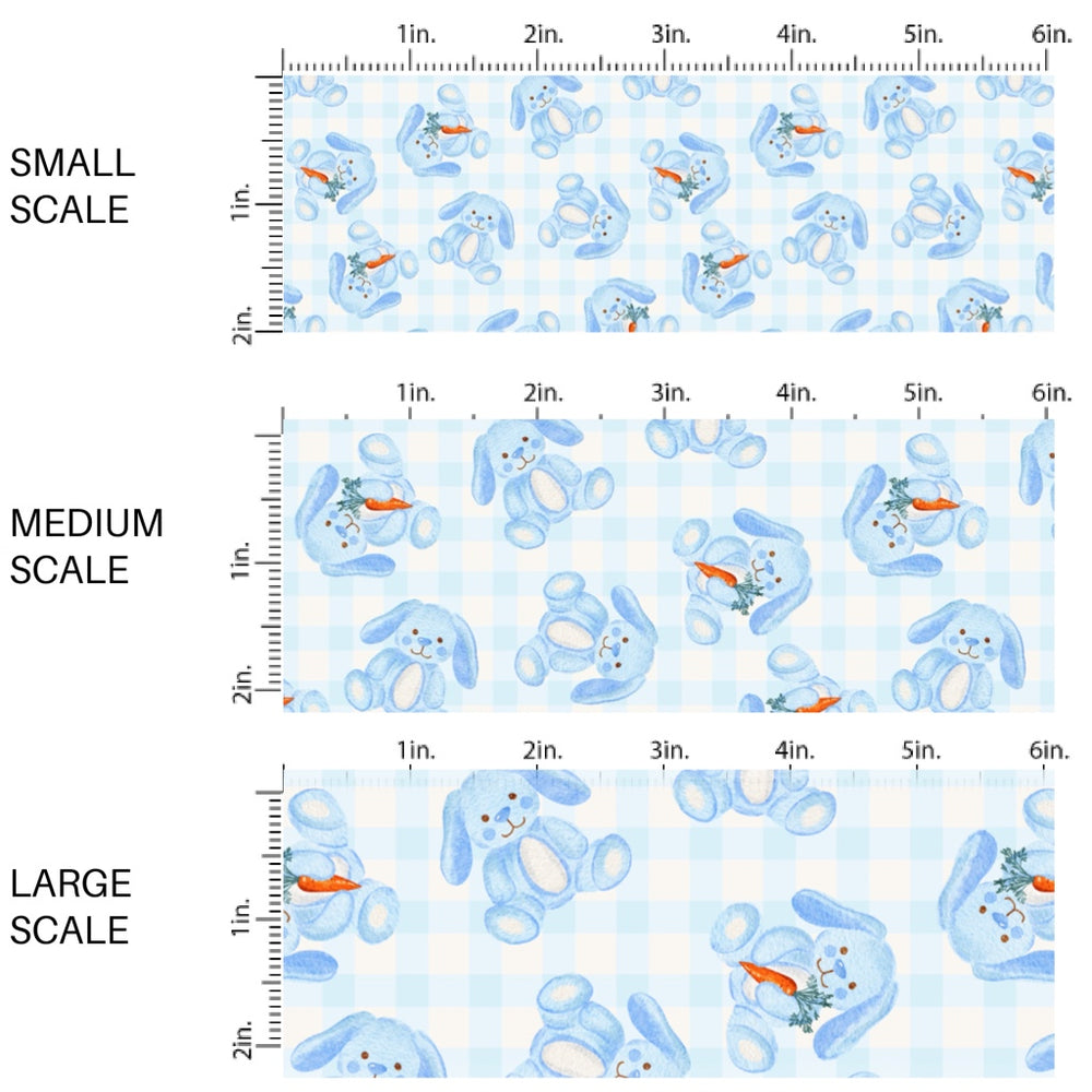 This Easter themed fabric by the yard features blue bunnies on a baby blue gingham pattern. This fun pattern fabric can be used for all your sewing and crafting needs!