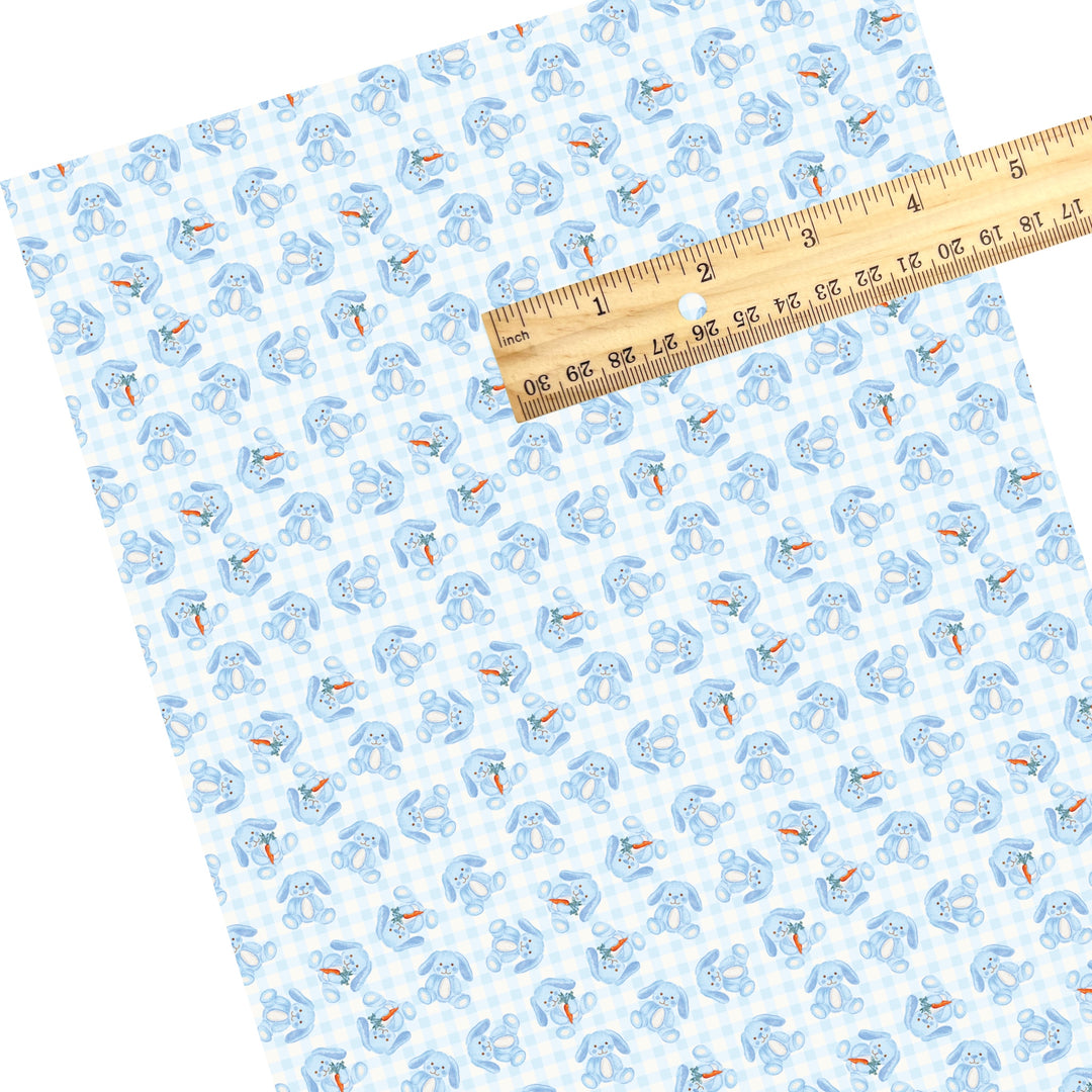 These Easter themed faux leather sheets contain the following design elements: blue bunnies on a baby blue gingham pattern. Our CPSIA compliant faux leather sheets or rolls can be used for all types of crafting projects.