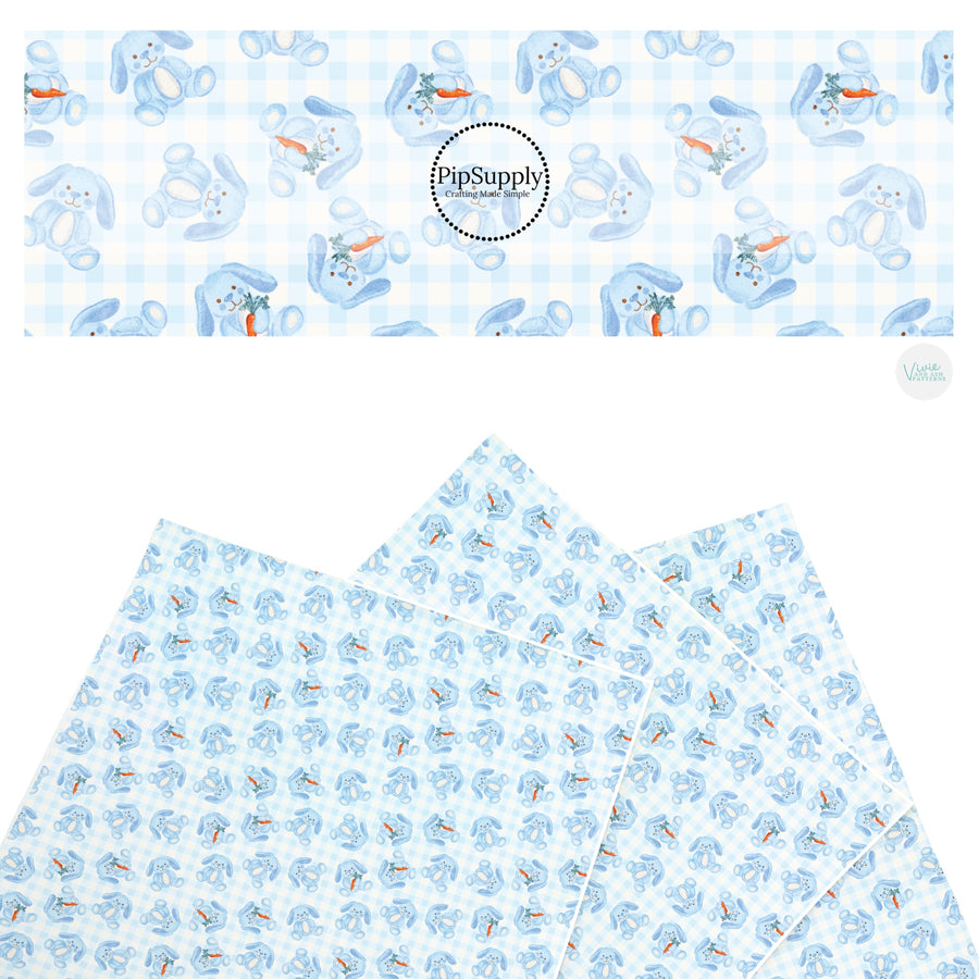 These Easter themed faux leather sheets contain the following design elements: blue bunnies on a baby blue gingham pattern. Our CPSIA compliant faux leather sheets or rolls can be used for all types of crafting projects.