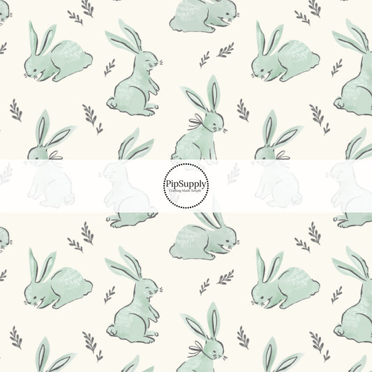 Blue Bunnies and Sprigs on Cream Fabric by the Yard.