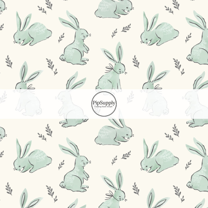 Blue Bunnies and Sprigs on Cream Fabric by the Yard.