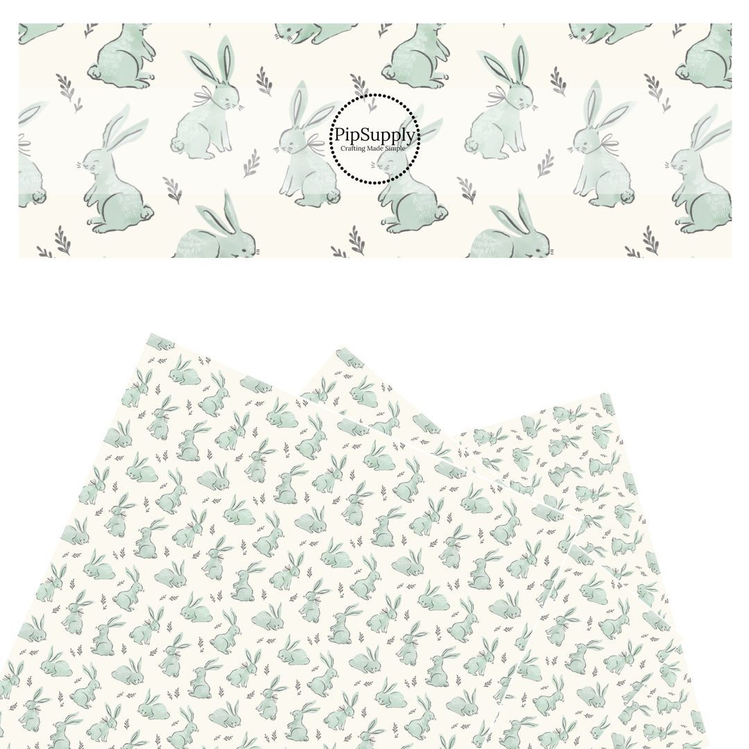 These spring pattern themed faux leather sheets contain the following design elements: blue bunnies on cream. Our CPSIA compliant faux leather sheets or rolls can be used for all types of crafting projects.