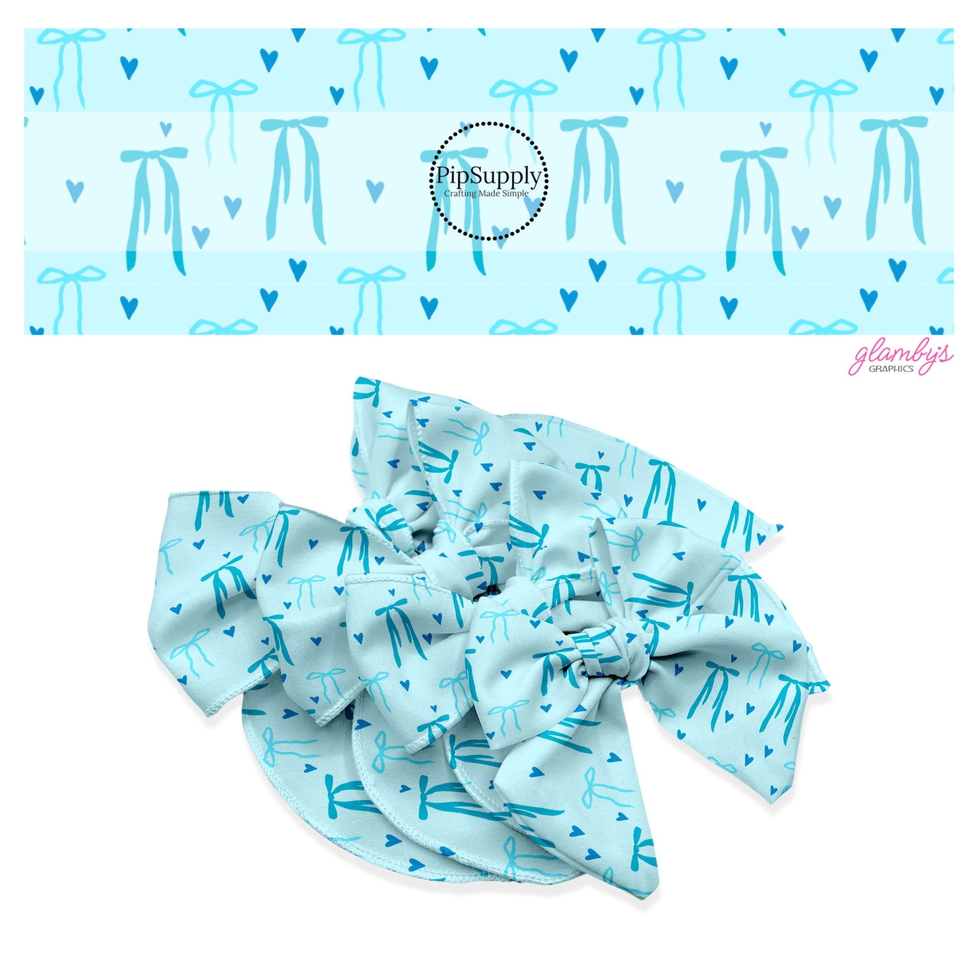 These Valentine's pattern no sew bow strips can be easily tied and attached to a clip for a finished hair bow. These Valentine's Day bow strips are great for personal use or to sell. The bow strips feature blue hearts and bows on light blue.
